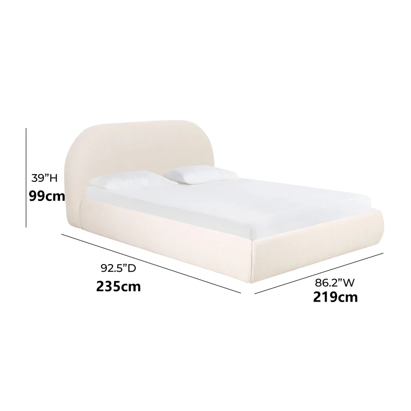 Textured Velvet Super King Bed with No Box Spring Required, Bed Frame with Pre-Cut Supportive Slats, 235L x 219W x 99H cm, Cream