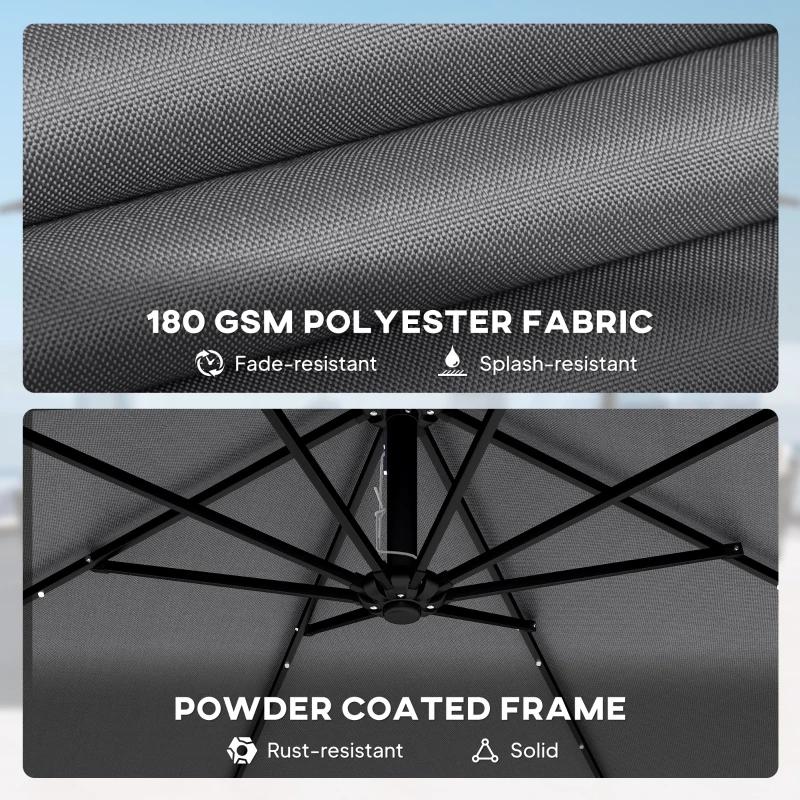 Outsunny Ombrellone a braccio con LED solari e manovella, 330x295 cm, Grigio scuro