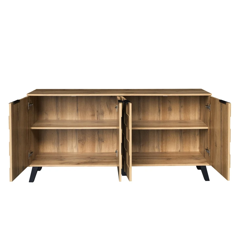 Bufet modern cu 4 uși, model geometric al texturii lemnului, spațiu generos de depozitare, 160,5x35,5x78 cm, Culoare naturală