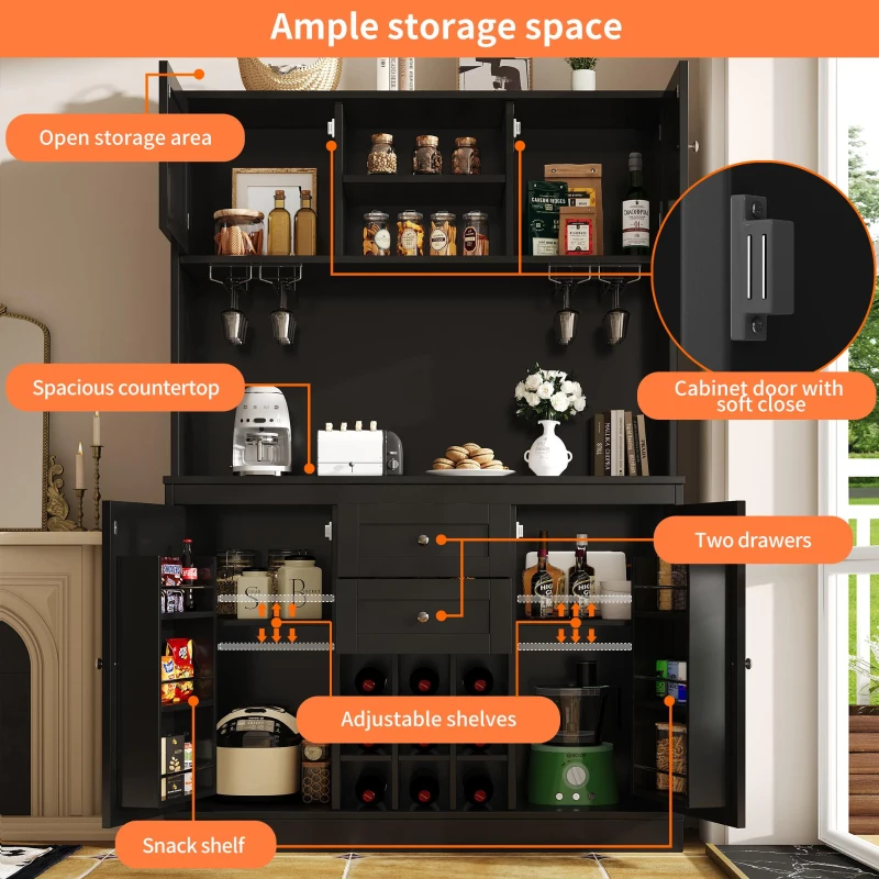 Tall Kitchen Cabinet with 4 Doors & 2 Smooth-Glide Drawers and Adjustable Shelves, Sideboard with Wine Racks, 120L x 40W x 188H cm, Black