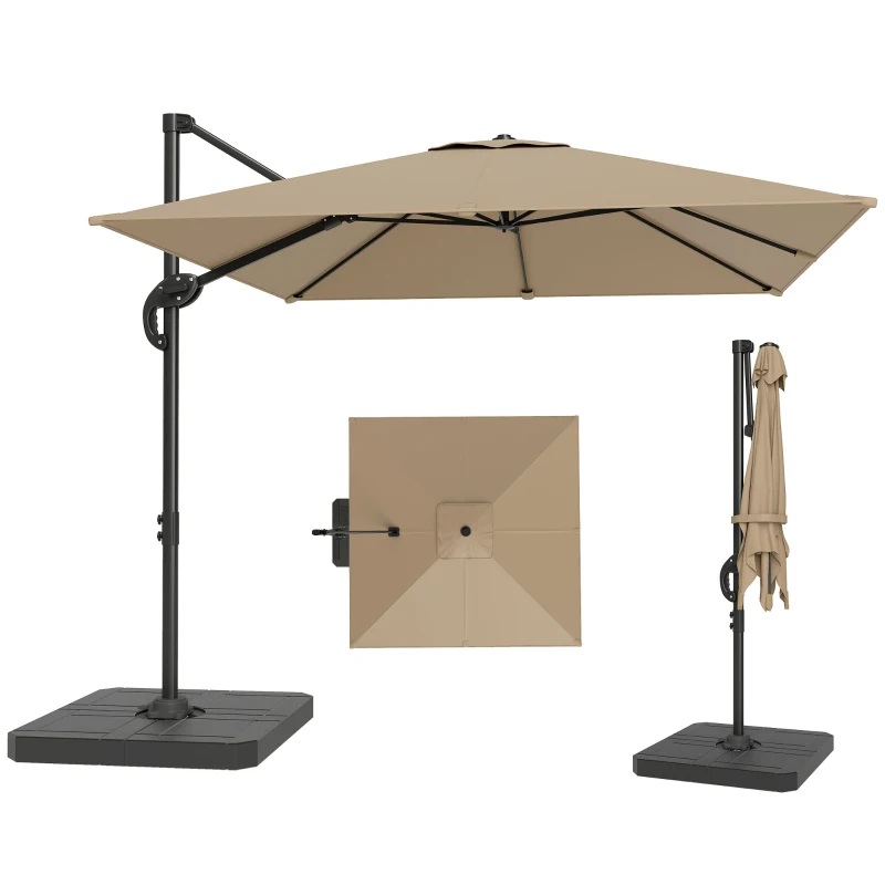 Outsunny Parasol cu braț lateral pătrat parasol de grădină exterior bază și plăci de umplere stâlp aluminiu protecție UV50+2,4x2,4m kaki