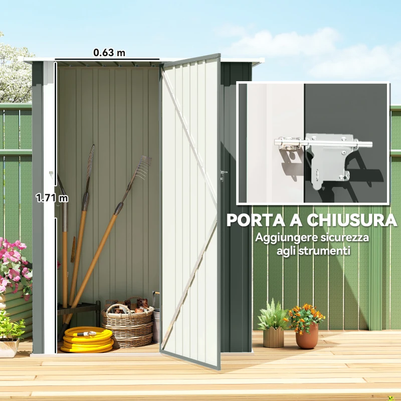 Outsunny Capanno Porta Attrezzi in Metallo con Tetto Inclinato e Porta Bloccabile, 142x86x189 cm, Grigio Chiaro