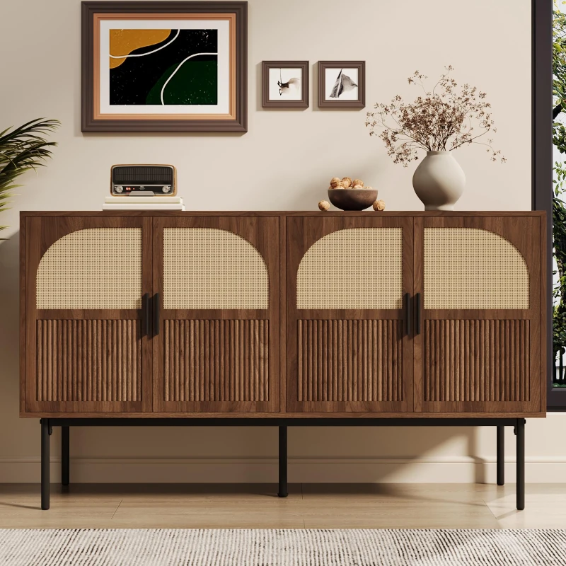 Bufet modern cu ratan, cu 4 uși și mult spațiu de depozitare, design retro-natural, 140x40x80 cm, Culoare naturală
