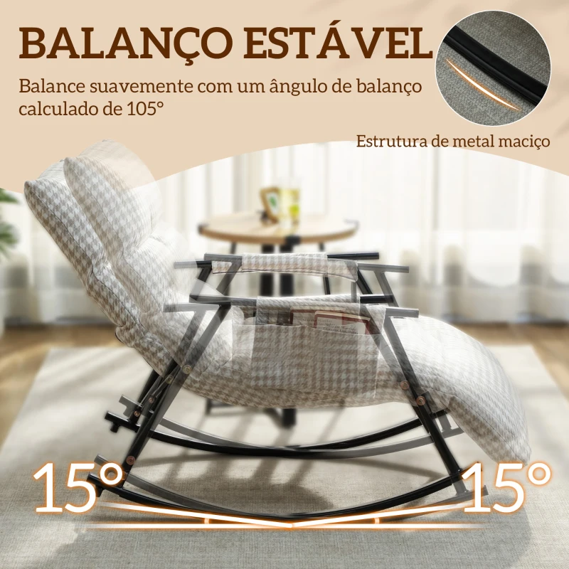 HOMCOM Poltrona Baloiço com Encosto e Apoia-Pés Ajustáveis 105° Estofada em Linho com Bolso Lateral Cinzento e Branco