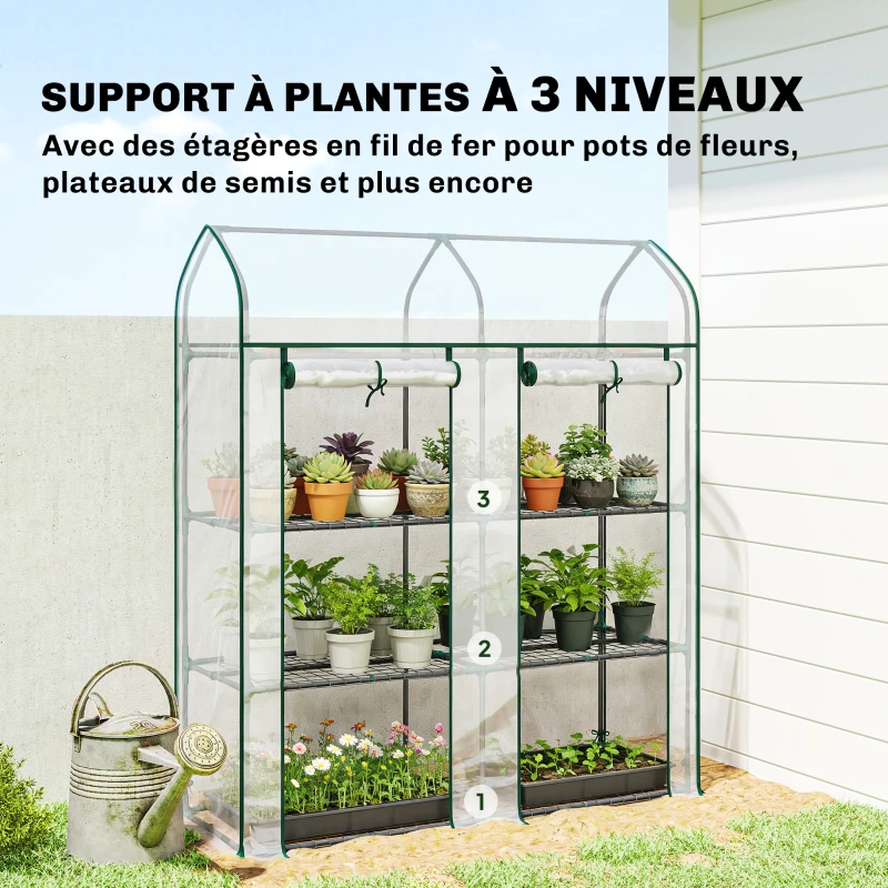 Outsunny Serre de Jardin, Petite Serre de Balcon étagères 3 niveaux en Bâche PVC et Châssis Acier, 143 x 46 x 165 cm, transparent