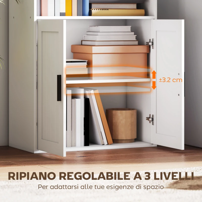 HOMCOM Libreria con Ripiani Aperti e Armadietto 2 Ante con Mensola Interna Regolabile, 60x30x145.5 cm, Bianco