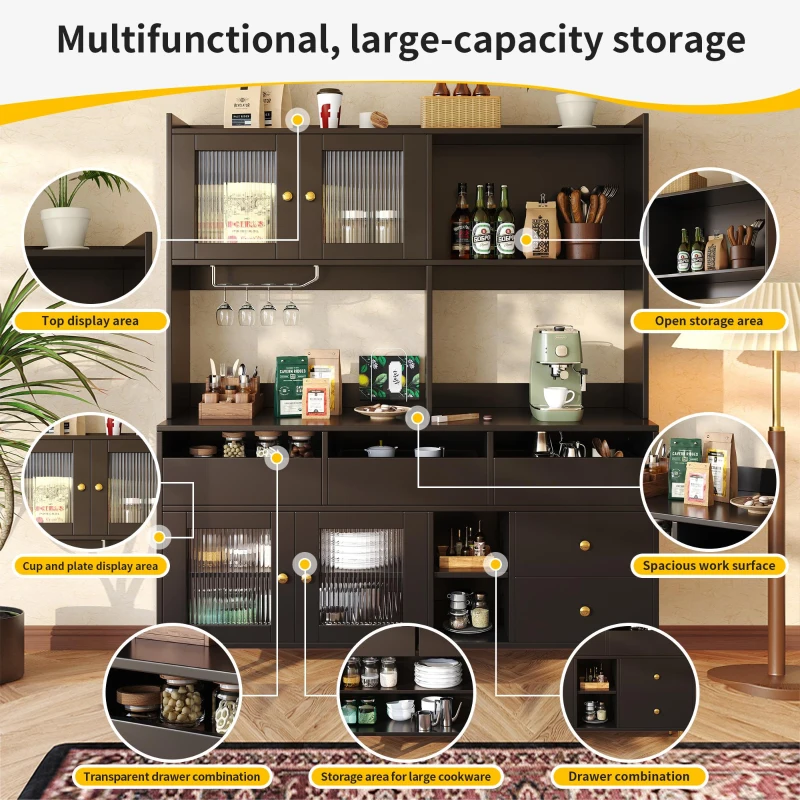 Multi-Purpose Sideboard with Changhong Glass Door and Built-In Wine Rack, Storage Cabinet for Living Room, 145L x 39W x 171H cm, Black