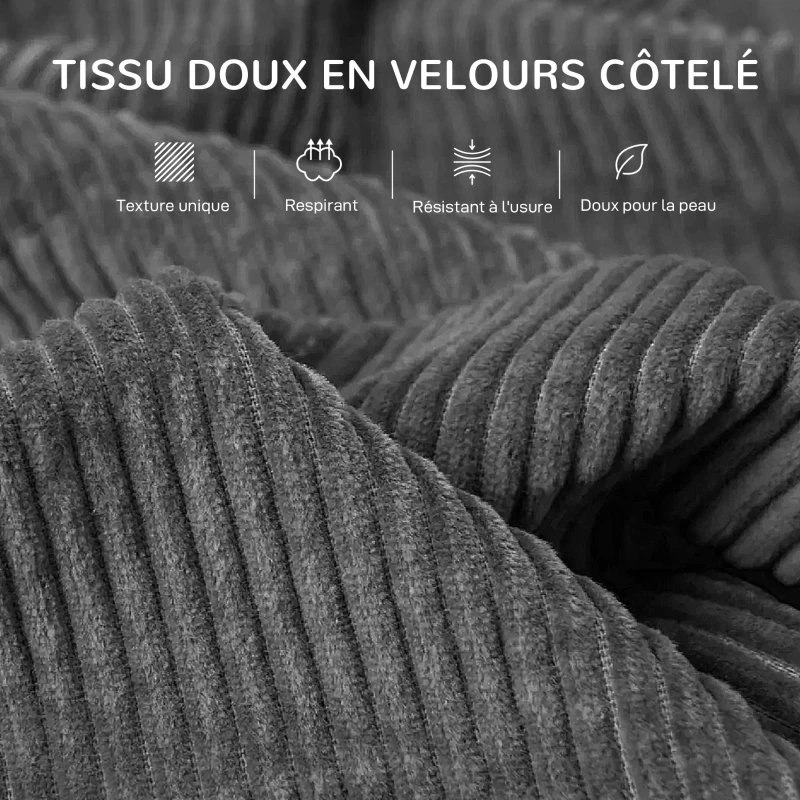 HOMCOM Canapé 3 places 212 cm avec 2 coussins à ressorts, tissu velours côtelé, pour salon, chambre, bureau à domicile, gris foncé