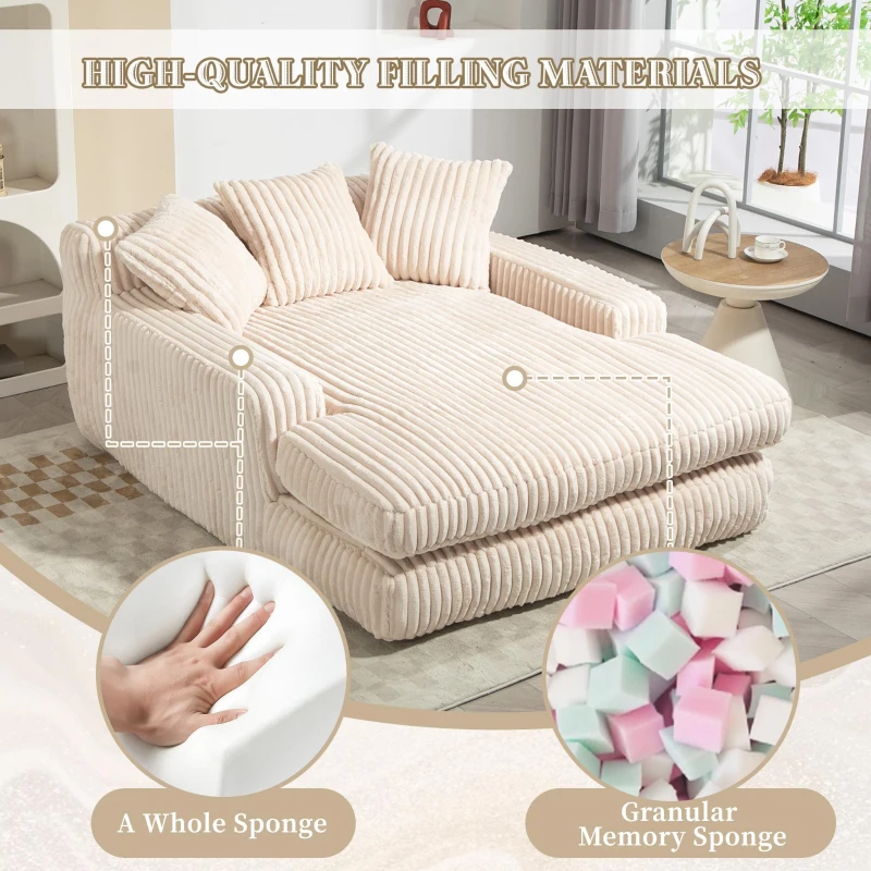 Oversized Chaise Longue Sofa with 3 Throw Cushions and Wide Armrests, Chair with Shredded Memory Foam Seat, 155L x 125W x 63H cm, Beige