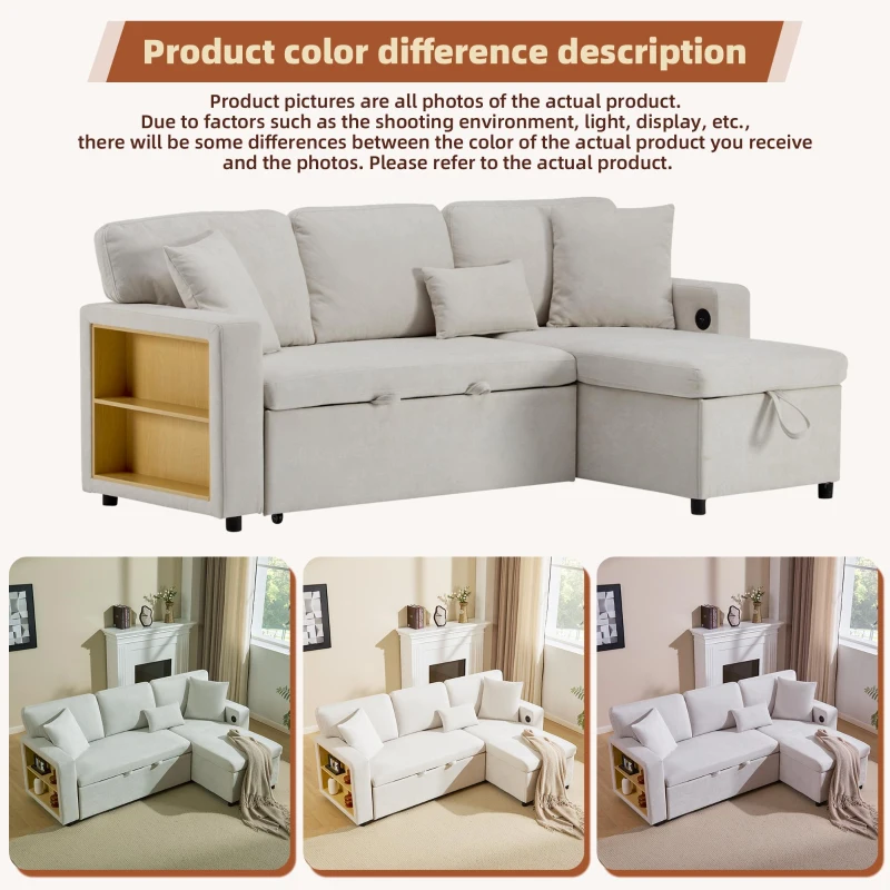 3 Seater Corner Sofa with Integrated Side Shelf and Built-in USB, Modular Sofa with Footstool and 3 Cushions, 214L x 131W x 87H cm, Beige