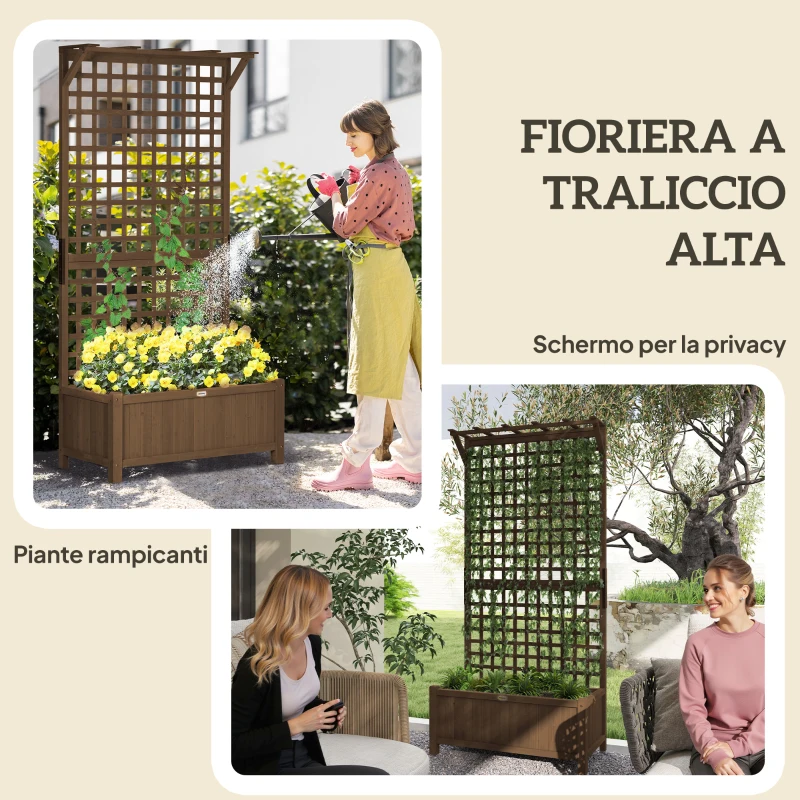 Outsunny Fioriera da Giardino con Traliccio per Piante Rampicanti in Legno di Abete, 90x45x183 cm, Marrone