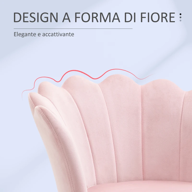 HOMCOM Poltrona da Salotto a Conchiglia Stile Vintage in Velluto con Gambe Dorate Rosa