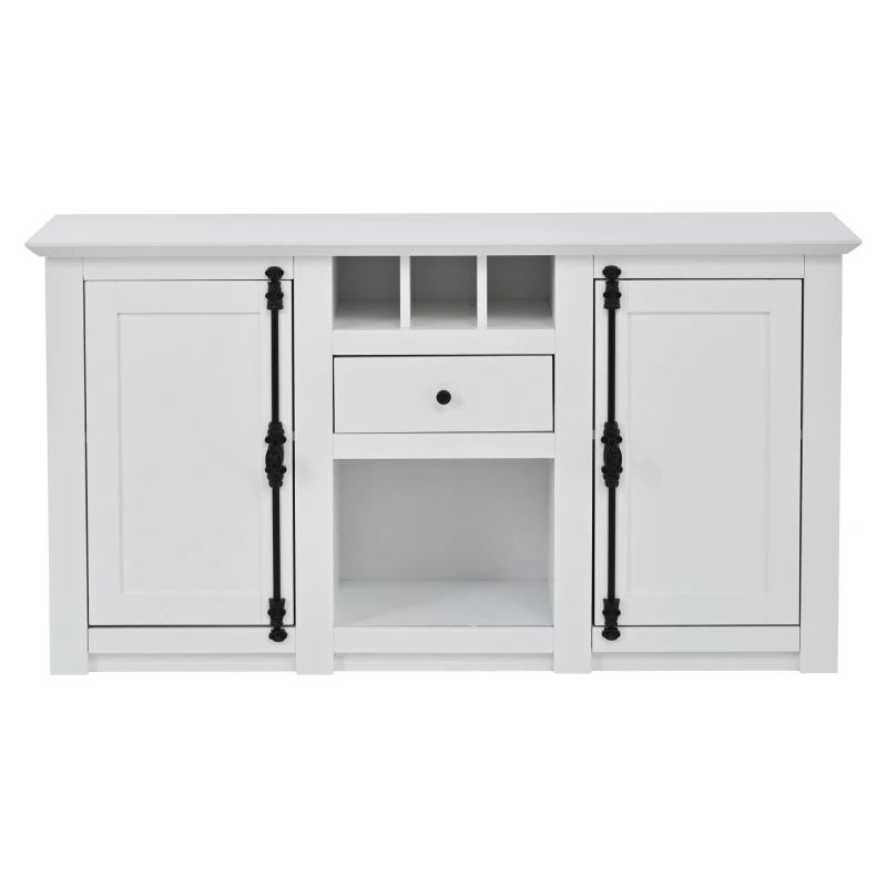 Credenza moderna con 2 ante, cassetto, ripiano a vista e 3 portabottiglie, 130x35x70 cm, Bianco