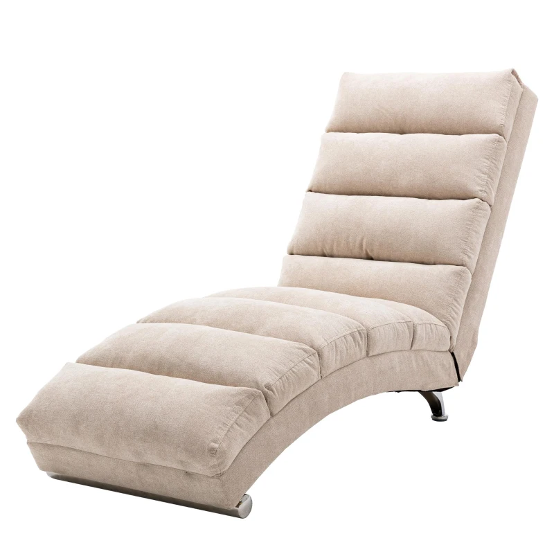 Modern Chaise Longue with Side Storage Pocket and Fixed 140° Backrest, Linen Deck Chair for Living Room, 148L x 55W x 87H cm, Beige