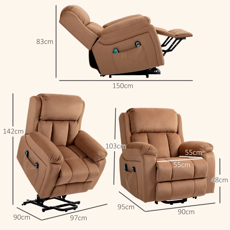 HOMCOM Sillón Relax Reclinable Eléctrico Levanta Personas con Masaje Vibratorio y Calor Control Remoto Reposapiés Marrón
