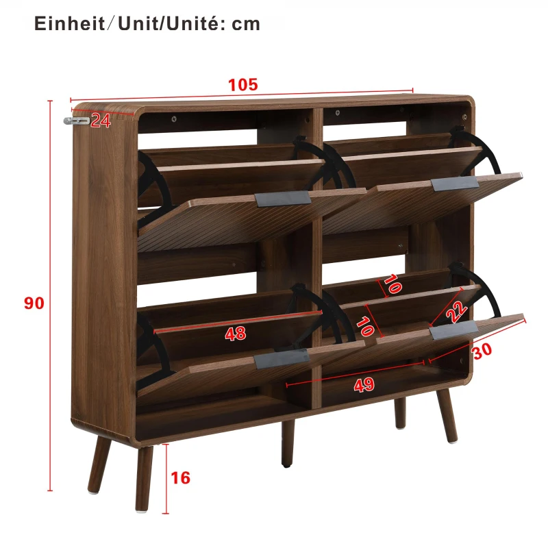 Moderner Schuhschrank, vierflügeligen Klapptüren, doppelstöckigem Stauraum für 18–24 Paar Schuhe, 105 x 24 x 90 cm, Naturfarbe