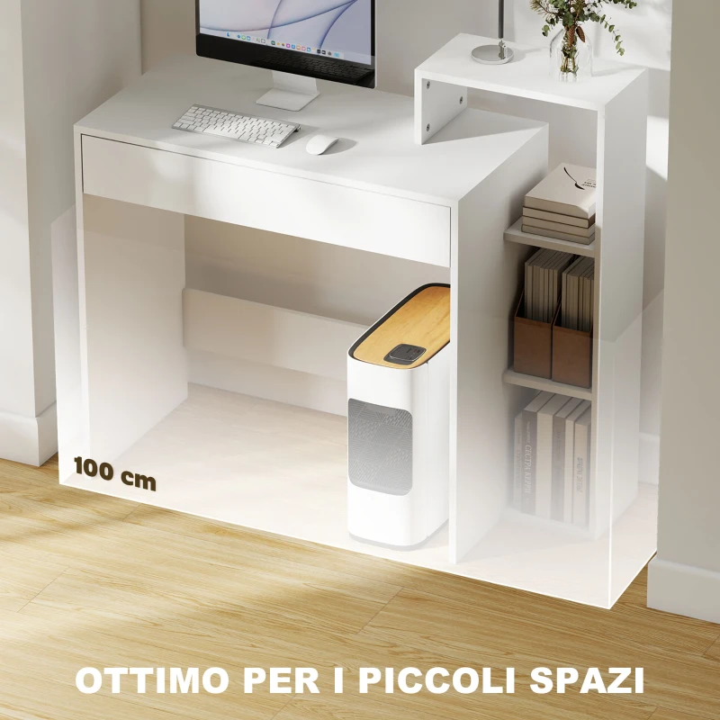 HOMCOM Scrivania PC Moderna con 3 Ripiani Aperti e Cassetto, in Legno Bianco, 100x40x90 cm
