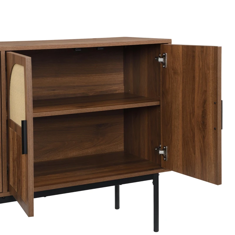 Bufet modern cu ratan, cu 4 uși și mult spațiu de depozitare, design retro-natural, 140x40x80 cm, Culoare naturală