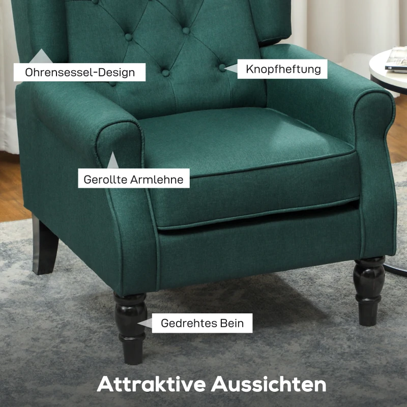 HOMCOM Eleganter Ohrensessel, dick gepolstert, abnehmbarer Bezug, 74 x 86 x 102 cm, Dunkelgrün
