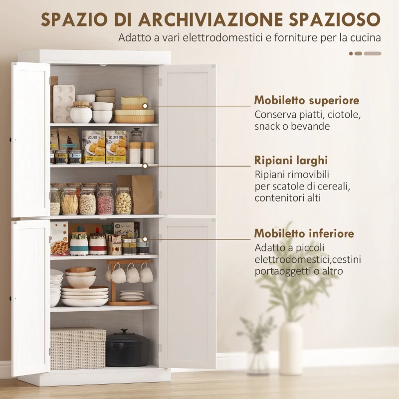 HOMCOM Mobile Cucina Alto con 6 Ripiani Regolabili e 2 Ante in Legno, 76x40.5x184 cm, Bianco