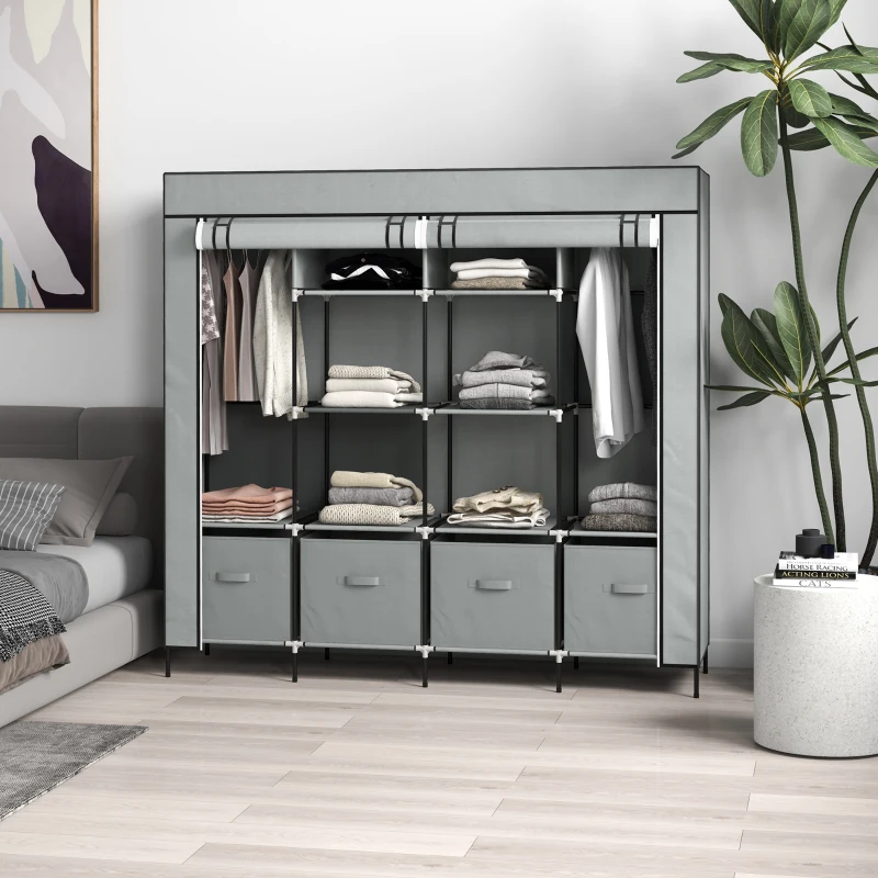 HOMCOM Roupeiro de Tecido com 10 Compartimentos 2 Trilhos Suspensos e 4 Gavetas de Tecido 166x42,5x169,5 cm Cinza Escuro
