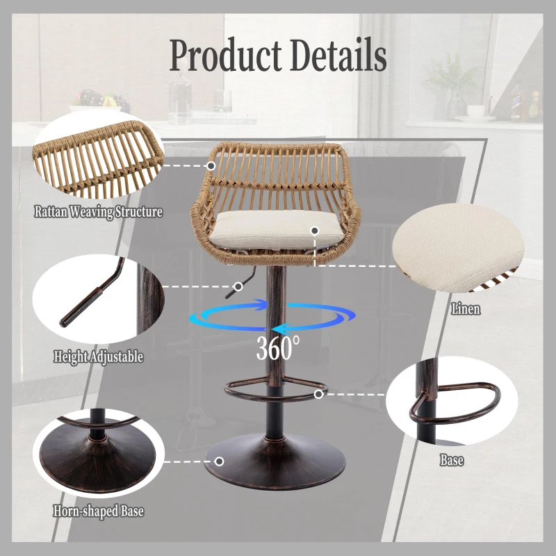 Set of 2 Modern Swivel Bar Stools with Wicker Rattan Weave and Padded Linen Seat, Counter Stools for Living Room, 48L x 49W x 89H cm, Beige