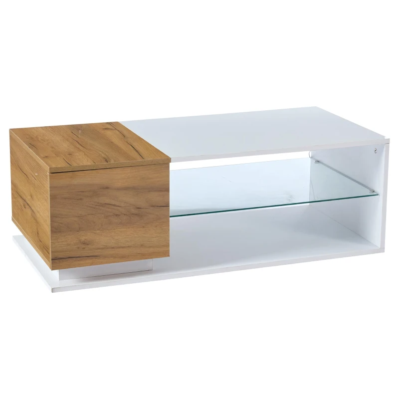 High-Gloss Coffee Table with Open Centre 2-Tier Storage and App-Controlled LED Strip, Desk for Living Room, 105L x 50W x 36H cm, White+Wood
