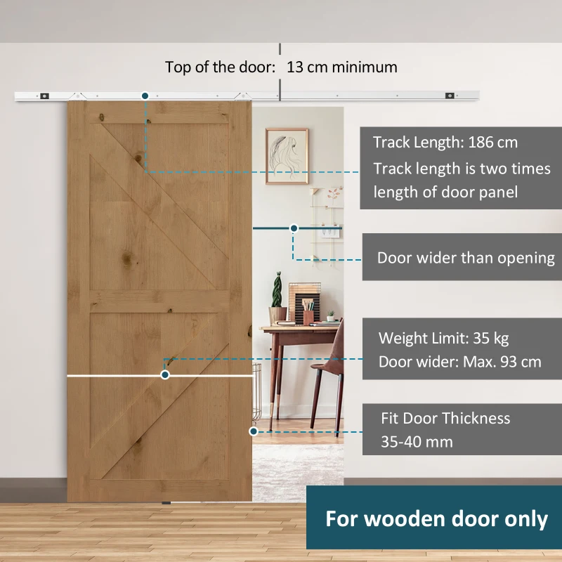 HOMCOM Shed Sliding Door Track System, Sliding Barn Door Kit Set, 6FT/186cm,for Single Wooden by Wood Roller Style Set-Silver