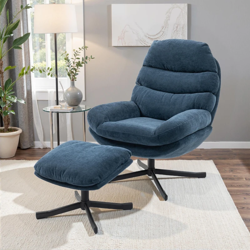 HOMCOM Relaxfauteuil met hocker stoel loungestoel met chenille-stof, moderne tv-fauteuil, 78 x 93 x 100 cm, blauw