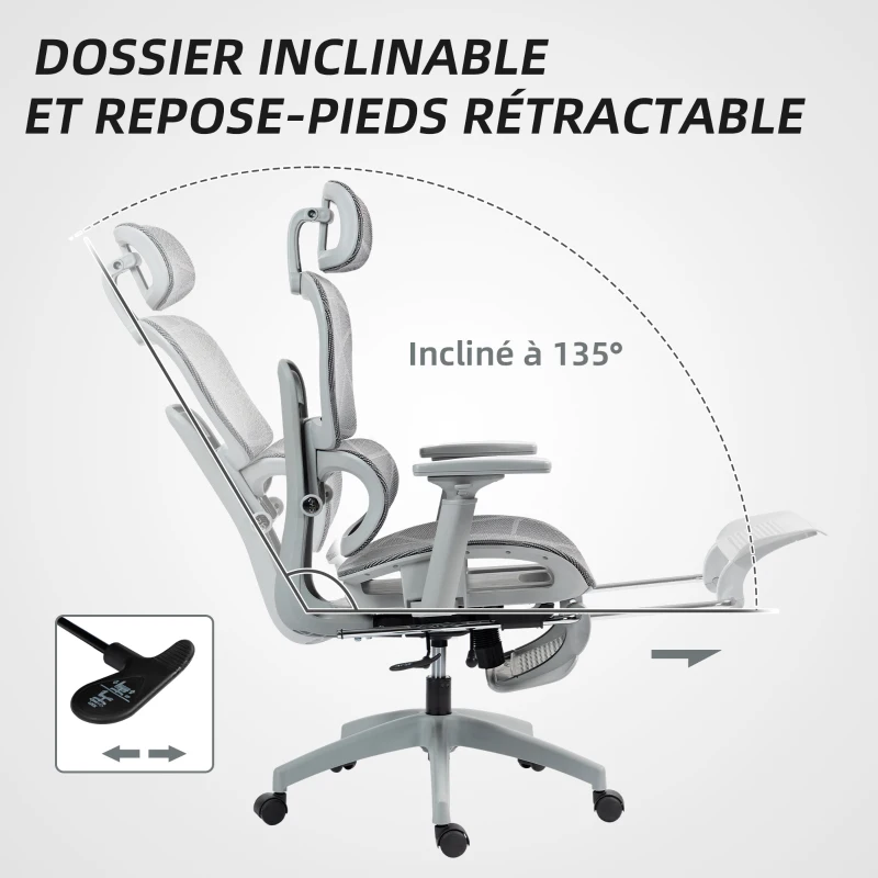 HOMCOM Fauteuil de bureau, chaise de bureau ergonomique en maille avec accoudoirs 3D, dossier inclinable, 66x64x122 cm, gris