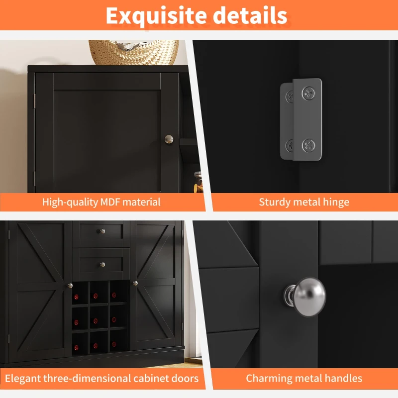 Tall Kitchen Cabinet with 4 Doors & 2 Smooth-Glide Drawers and Adjustable Shelves, Sideboard with Wine Racks, 120L x 40W x 188H cm, Black