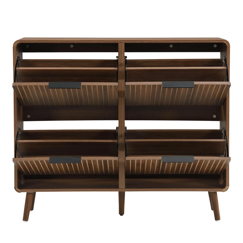 Moderner Schuhschrank, vierflügeligen Klapptüren, doppelstöckigem Stauraum für 18–24 Paar Schuhe, 105 x 24 x 90 cm, Naturfarbe