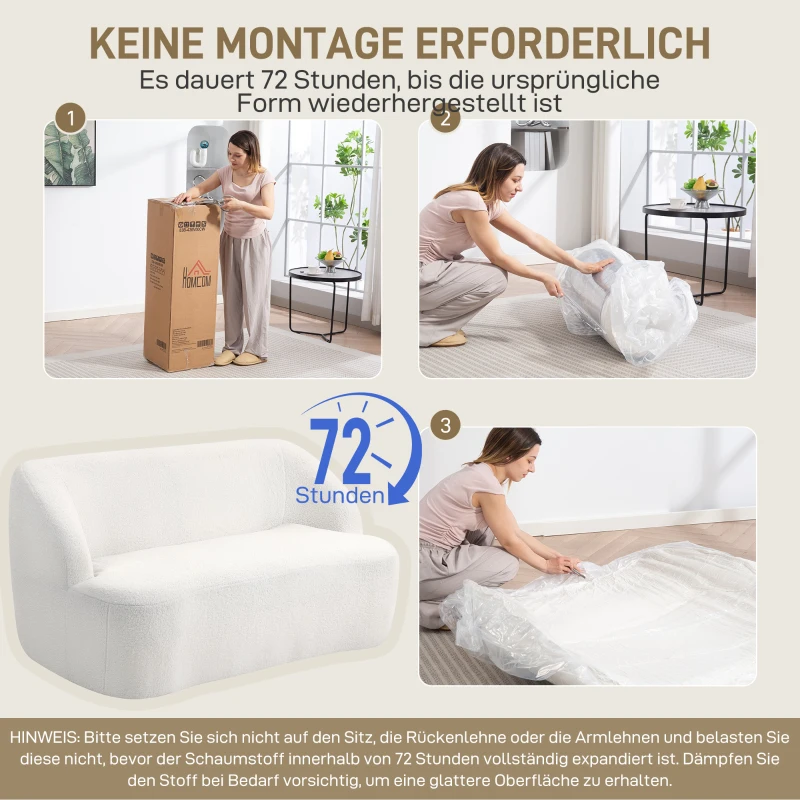 HOMCOM 2-Sitzer-Sofa, geschwungenes Design, Polstersofa mit Fleece-Bezug, für Wohnzimmer, Schlafzimmer, Homeoffice, Cremeweiß(m-4)