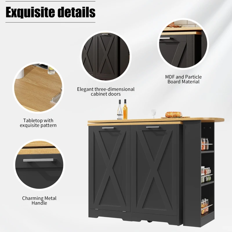 360° Rotating Kitchen Island with Folding 3D Textured Doors and Side Shelves, Swivel Sideboard for Kitchen, 138L x 38W x 105.5H cm, Black