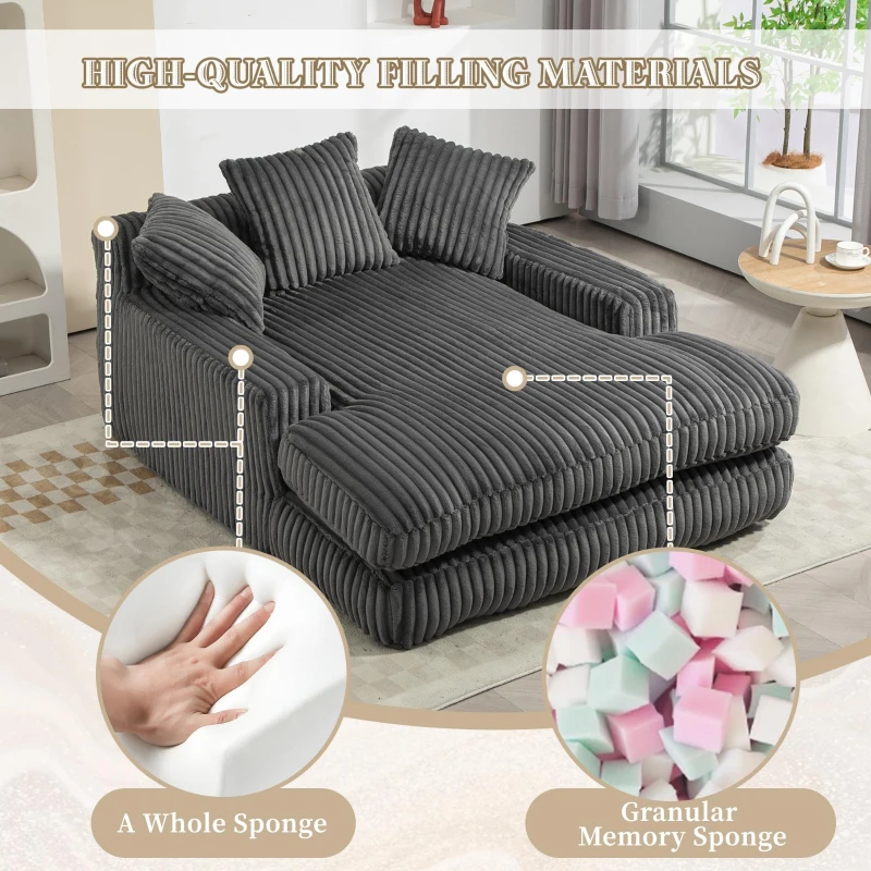 Oversized Chaise Longue Sofa with 3 Throw Cushions and Wide Armrests, Chair with Shredded Memory Foam Seat, 155L x 125W x 63H cm, Dark Gray