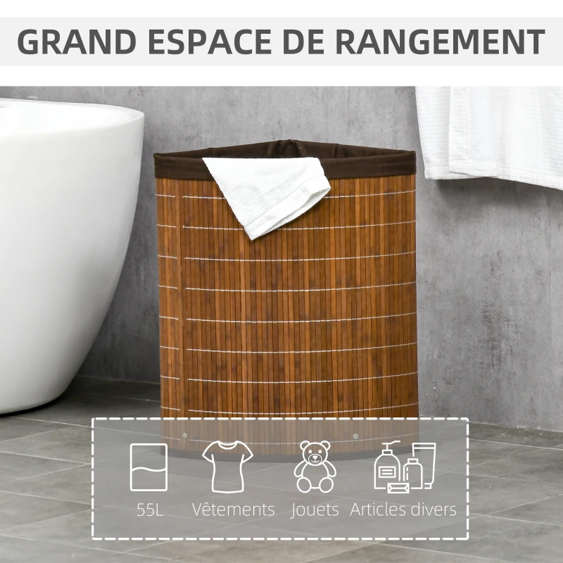 HOMCOM Panier à linge en bambou d'angle 55L avec couvercle et sac amovible 38 x 38 x 57 cm marron