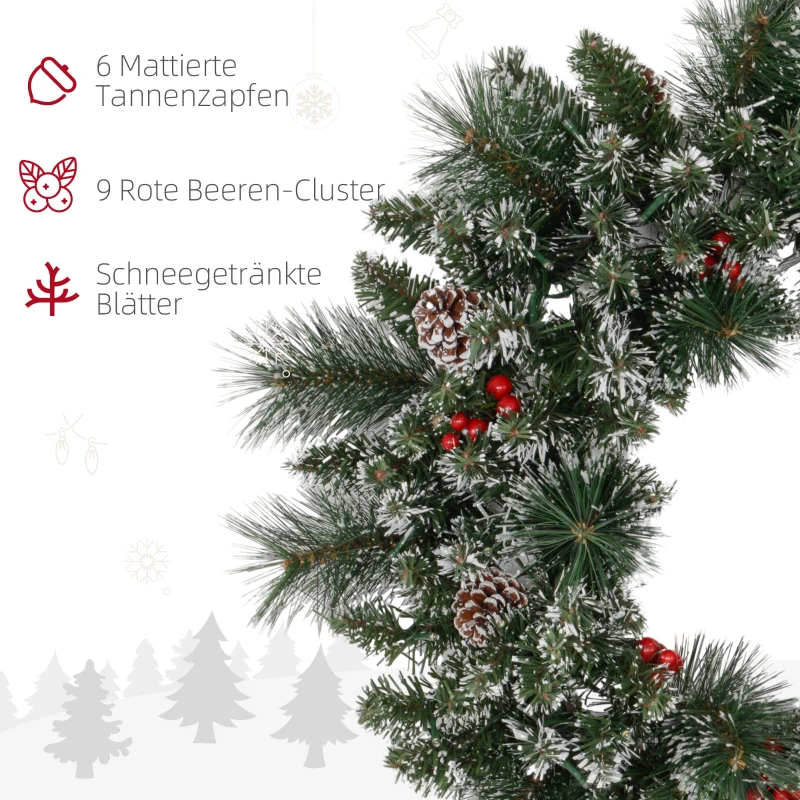 HOMCOM Weihnachtskranz mit LED-Beleuchtung, roten Beeren, realistisches Aussehen, Ø60 x 10 cm, Grün