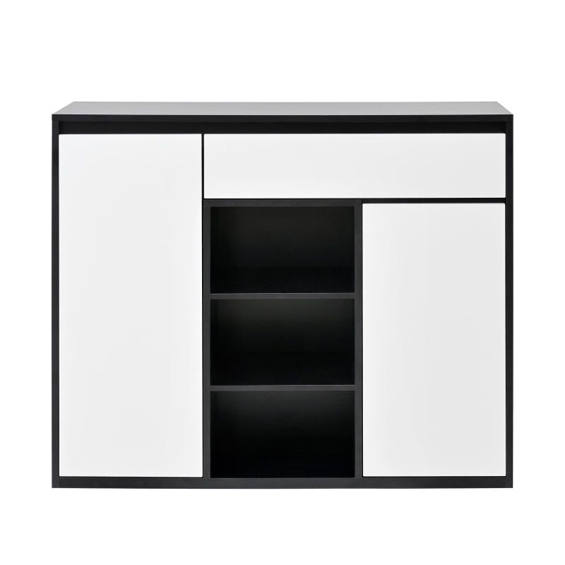 Scarpiera moderna con 2 ante e 1 cassetto, con illuminazione LED e ripiano per scarpe regolabile, 105x39,5x86 cm, Bianco e Nero