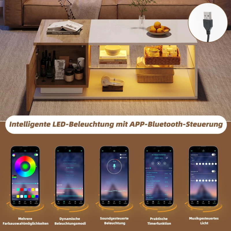 High-Gloss Coffee Table with Open Centre 2-Tier Storage and App-Controlled LED Strip, Desk for Living Room, 105L x 50W x 36H cm, White+Wood