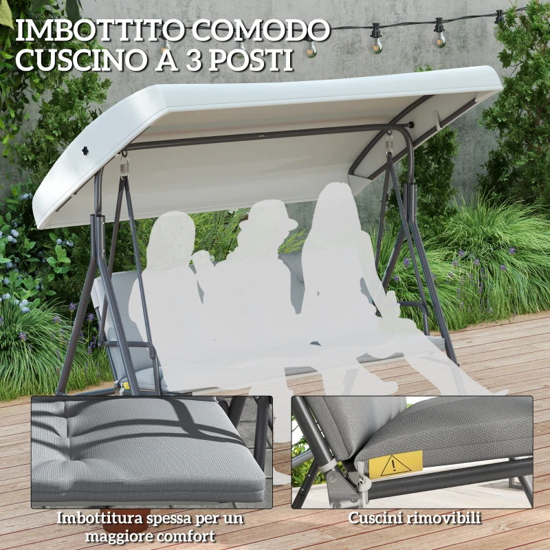 Outsunny Dondolo da Giardino 3 Posti con Tettuccio Regolabile e Cuscini, 172x110x156 cm, Grigio Chiaro
