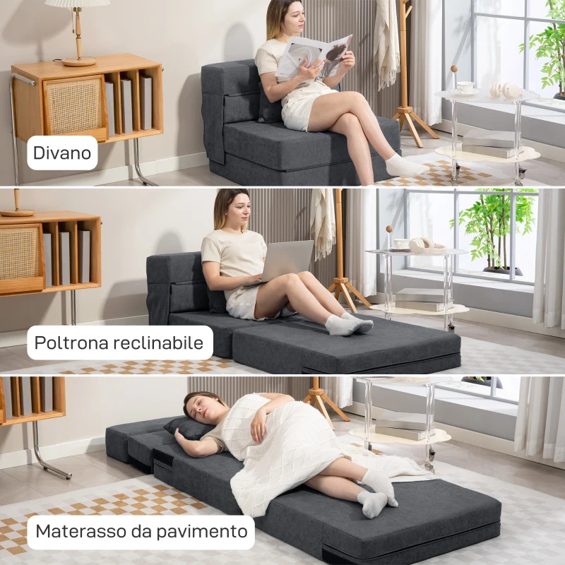 HOMCOM Poltrona Letto Pieghevole Convertibile in Chaise Longue e Materasso, 80x80x64 cm, Grigio Scuro