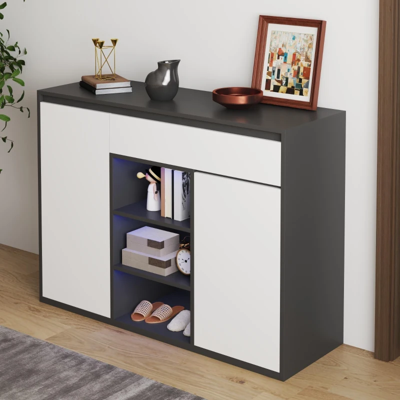 Scarpiera moderna con 2 ante e 1 cassetto, con illuminazione LED e ripiano per scarpe regolabile, 105x39,5x86 cm, Bianco e Nero