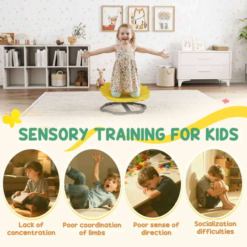 AIYAPLAY Flower-Shaped Sensory Spinning Chair with Non-Slip Base for Balance/Coordination, Yellow