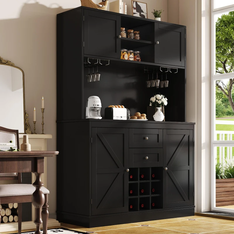 Tall Kitchen Cabinet with 4 Doors & 2 Smooth-Glide Drawers and Adjustable Shelves, Sideboard with Wine Racks, 120L x 40W x 188H cm, Black