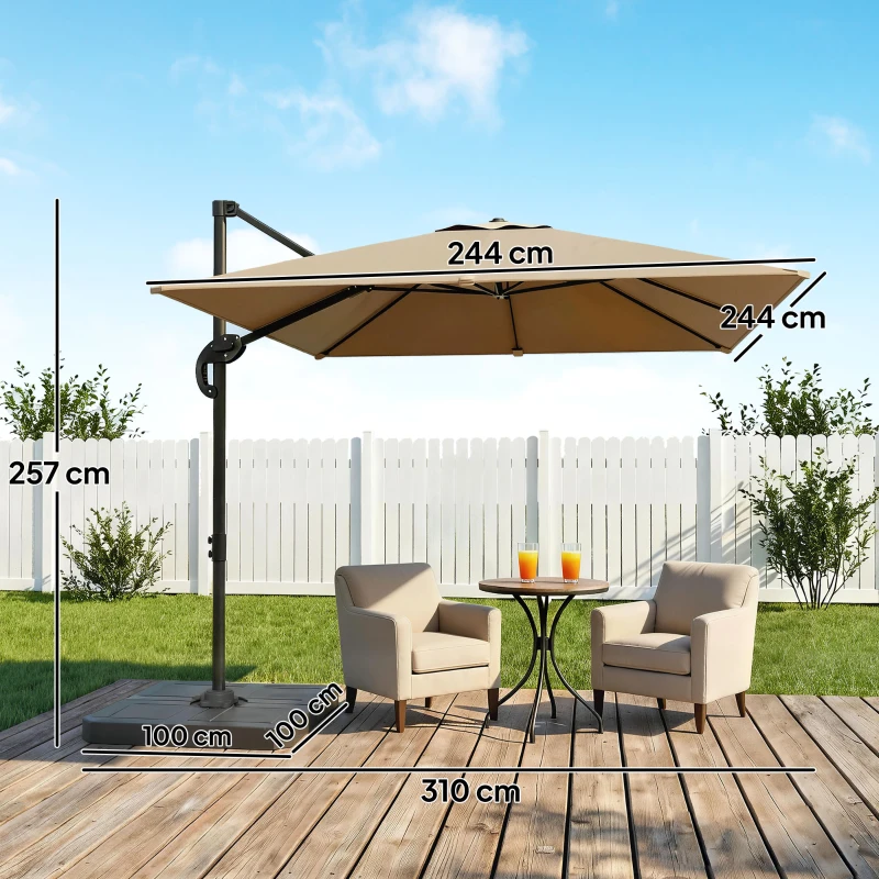 Outsunny Parasol cu braț lateral pătrat parasol de grădină exterior bază și plăci de umplere stâlp aluminiu protecție UV50+2,4x2,4m kaki