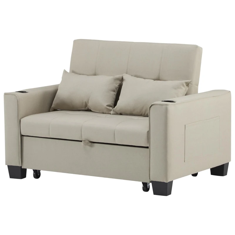 3-In-1 Convertible Pull-Out Sleeper with 3-Position Adjustable Backrest, 2 Seater Sofa Bed for Compact Room, 140L x 96W x 97H cm, Beige