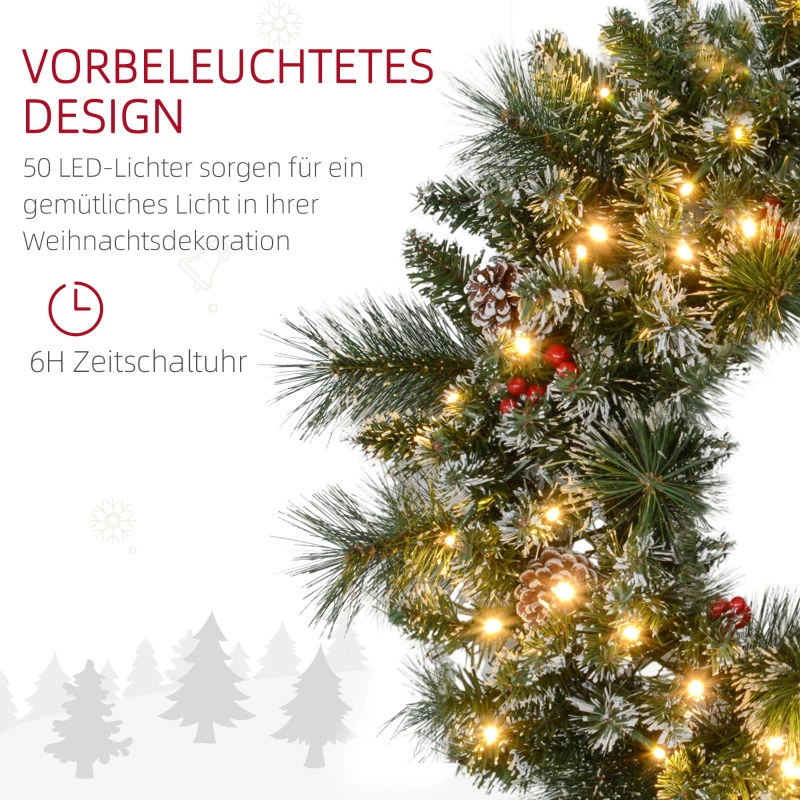 HOMCOM Weihnachtskranz mit LED-Beleuchtung, roten Beeren, realistisches Aussehen, Ø60 x 10 cm, Grün