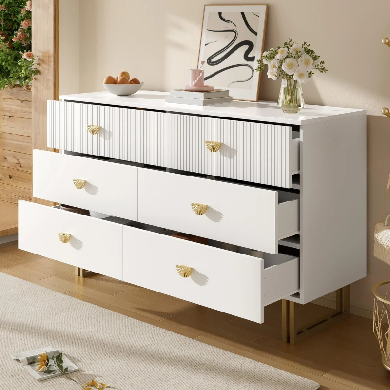 Madia moderna a 6 cassetti con maniglie a ventaglio e gambe in acciaio, 120x40x75 cm, Bianco