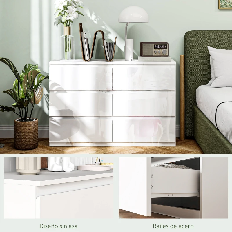 HOMCOM Cómoda Dormitorio con 6 Cajones Cajonera para Salón Oficina Estilo Moderno 112x34x75 cm Blanco Brillo