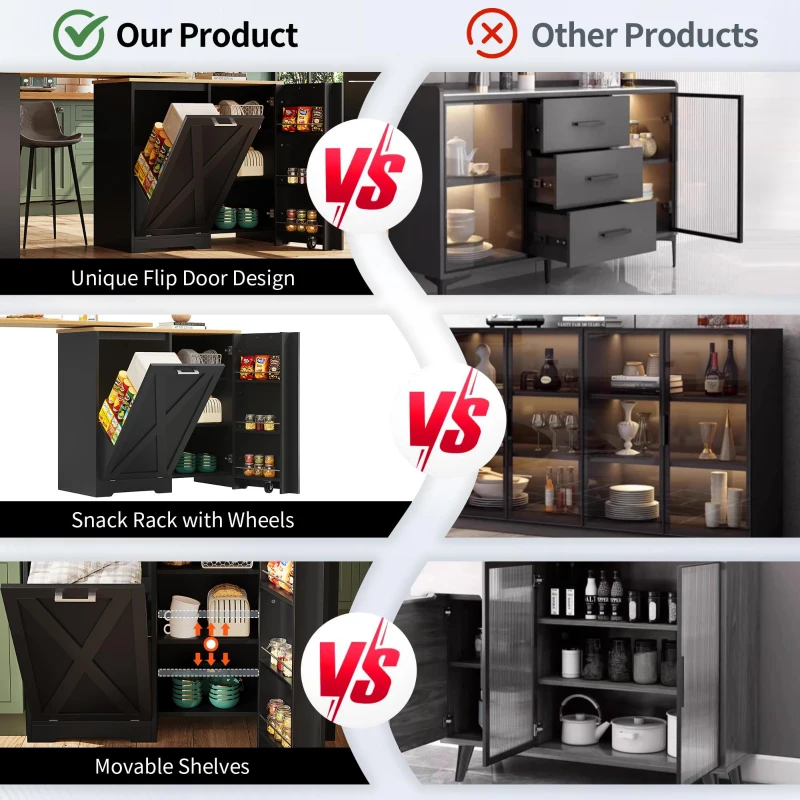 360° Rotating Kitchen Island with Folding 3D Textured Doors and Side Shelves, Swivel Sideboard for Kitchen, 138L x 38W x 105.5H cm, Black